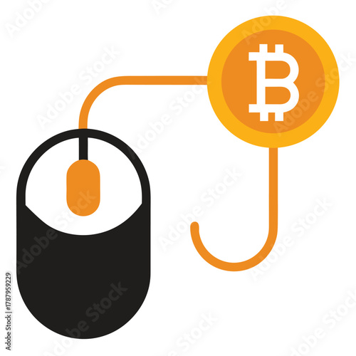 A computer mouse connected to a bitcoin currency coin, symbolizing digital transactions
