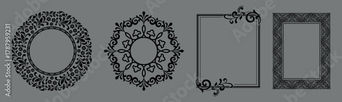 Set of decorative frames Elegant vector element for design in Eastern style, place for text. Floral black and gray borders. Lace illustration for invitations and greeting cards