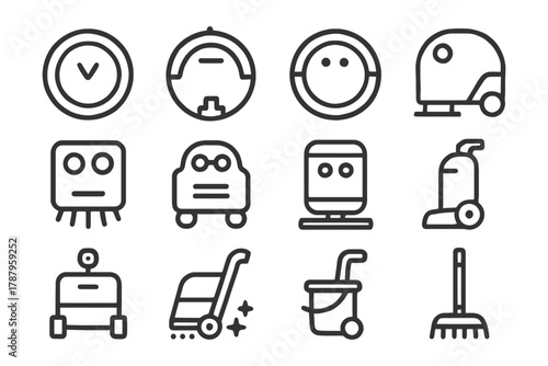 Minimalist line icons of various robot vacuum and cleaning machines.