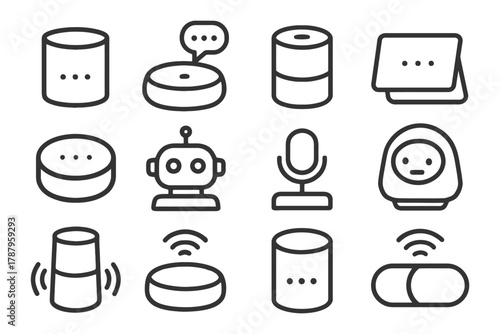 Smart speaker and voice assistant icon set illustrating various devices and features.