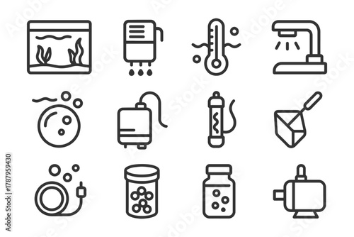 Aquarium equipment icons set including filter, heater, and thermometer.