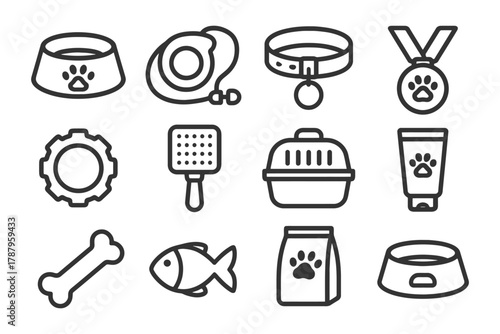 Outline icons of pet accessories collection for dogs and cats.