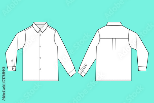 Classic Long-Sleeve Button-Down Shirt Technical Flat Sketch with Pointed Collar and Back Yoke Pleat