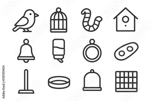 Bird supply icons set: cage, birdhouse, bell, feeder, toys, perch.