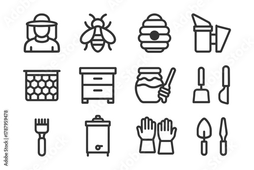 Beekeeping equipment icons: hives, honey jar, tools, and protective gear.