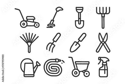 Vector icons of gardening tools: spade, rake, watering can, pruning shears, hose.