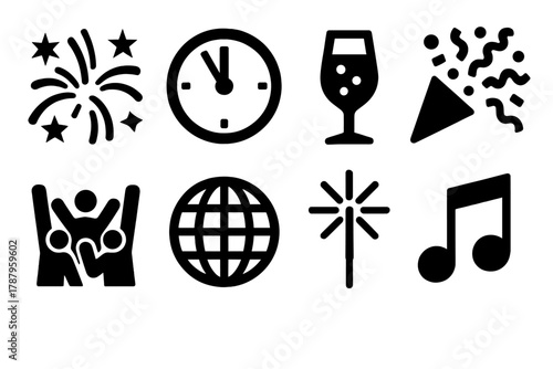Global Celebration Icons. Global New Year Celebration bold vector icon set: fireworks, clock striking midnight, champagne glass, confetti, dancing crowd, globe, sparkler, music