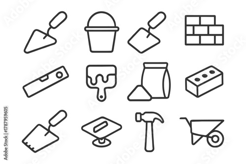 Construction tools vector: trowel, paintbrush, hammer, wheelbarrow, brick and mortar icons.