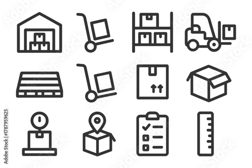 Warehouse and logistics icons: forklift, packages, pallet, checklist, storage outline.
