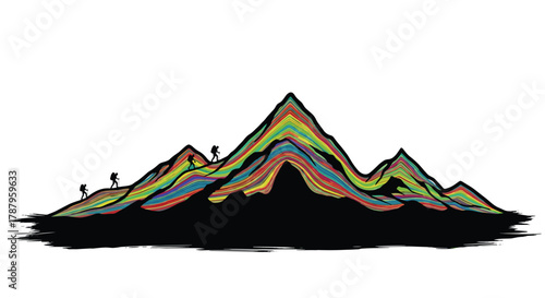 Colorful Mountain Range with Hikers Silhouette, Generative AI.