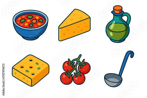 Italian Winter Delights. Italian Winter Recipes modern flat icon set: minestrone bowl, parmesan wedge, olive oil bottle, focaccia slice, tomato sprig, ladle.
