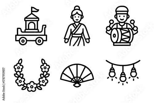 Cultural Parade Icons. Heritage Celebration outline icon set: parade float, traditional outfit, drumline, flower garland, fan, lights.