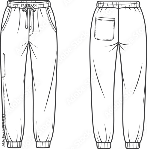 Jogger pants technical flat sketch, front and back view, elastic waistband, zipper fly, thigh patch pocket, tapered legs, vector apparel CAD illustration