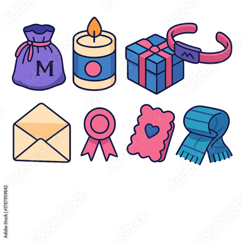 Tailored Treasures Icons. Tailored Treasures modern flat icon set: monogrammed pouch, custom candle, engraved bracelet, special box, folded letter, ribbon seal, crafted card, cozy