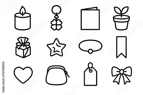 Tiny Token Icons. Tiny Token Gifts Set outline icon set: mini candle, charm keychain, thank you card, tiny plant pot, wrapped chocolate, enamel pin, bracelet, bookmark, heart stone