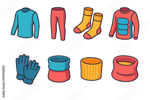 Winter Clothing Icons. Winter Base Layers modern flat icon set: long-sleeve thermal top, fleece leggings, wool socks, insulated undershirt, thermal gloves, neck warmer, ribbed cuff