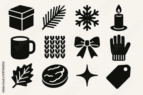 Brutalist Winter Icons. Seasonal Setup bold vector icon set: product box, pine branch, snowflake, candle, mug, knit fabric, ribbon, wool glove, frosted leaf, marble tray, sparkle,
