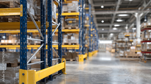 Medium perspective of a warehouse floor with metal racks being assembled, beams and connectors ready, highlighting readiness for storing boxes and maintaining organization