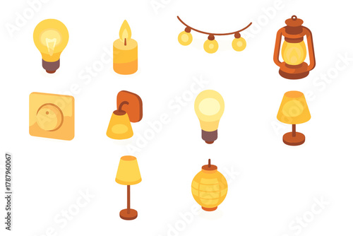 Soft Lighting Icons. Soft lighting ambience icons modern flat icon set: glowing lamp, candle flame, string lights, lantern, dimmer switch, wall sconce, frosted bulb, nightstand