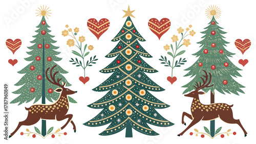 Festive christmas scene featuring decorated trees, reindeer, hearts, and floral accents on a white backdrop silhouette