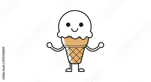 Happy vanilla ice cream cone character waving with delightful smile and arms outstretched