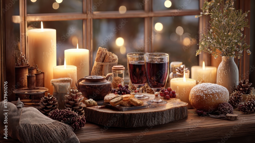 Fototapeta premium cozy winter table with mulled wine and candles