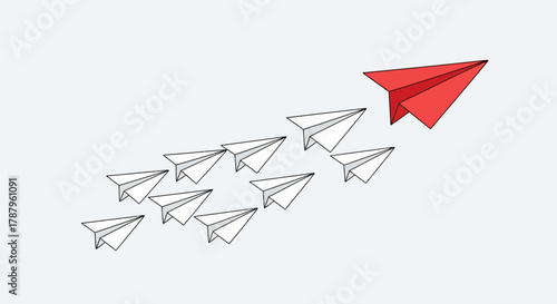 Strategic direction illustrated by a red paper plane leading a fleet of white planes conveying