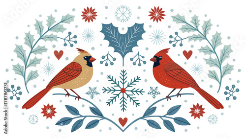 Two cardinals facing each other surrounded by winter foliage and snowflakes in a symmetrical pattern design silhouette