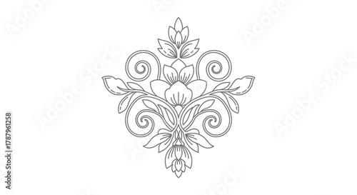 Elegant floral emblem with flowing lines and symmetrical ornamentation creating botanical grace
