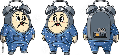 Anthropomorphic Alarm Clock Character in Pajamas, Triple View