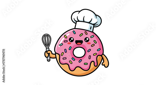 Adorable donut chef ready to bake delights with sweet smile and pink frosted dessert