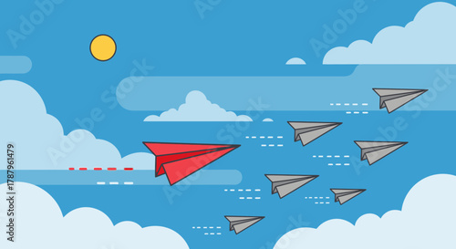 Red Paper Airplane Leading a Group in the Blue Sky with Cloud Formations Artwork