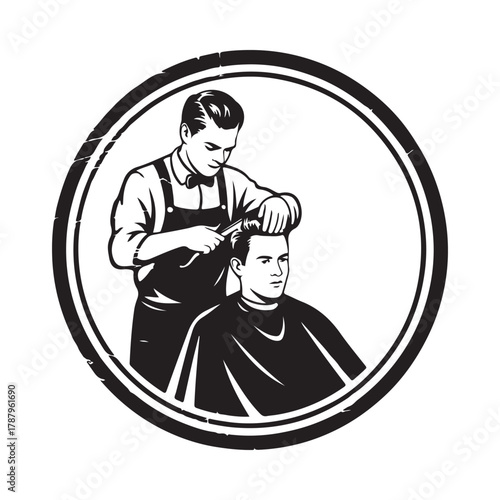 Vintage barber shop illustration of a haircut in progress