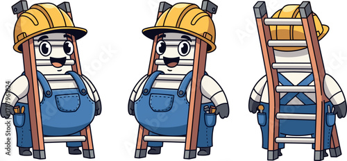 Cartoon ladder character in overalls and hard hat, multiple views