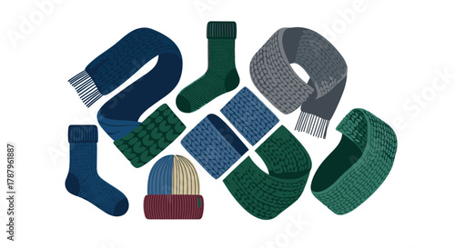 Collection of knitted winter accessories including hats scarves and socks, Generative AI.