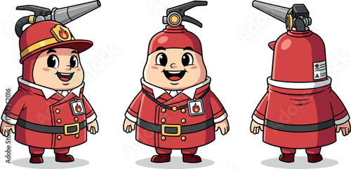 Cute Fire Extinguisher Character in 3 Views: Front-Left, Front, and Back