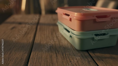 Colorful meal prep containers awaiting delicious food on a rustic wooden table