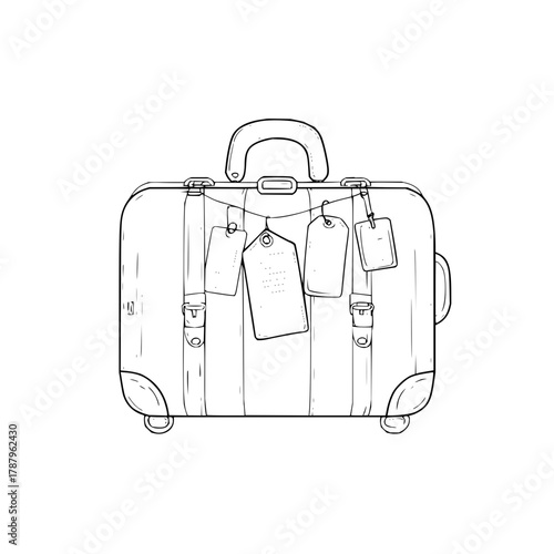 Vintage suitcase with luggage tags for travel theme