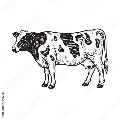 Detailed Hand-Drawn Illustration of a Spotted Dairy Cow on a White Background