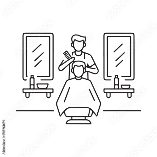 Barber cutting hair in a salon with mirrors and supplies