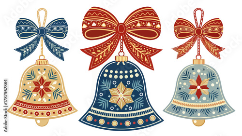 Three decorative christmas bells with bows and intricate patterns on a white background design art silhouette