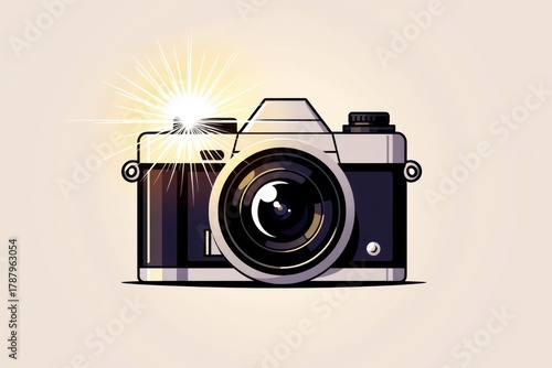 Vintage camera illustration with bright flash capturing a moment