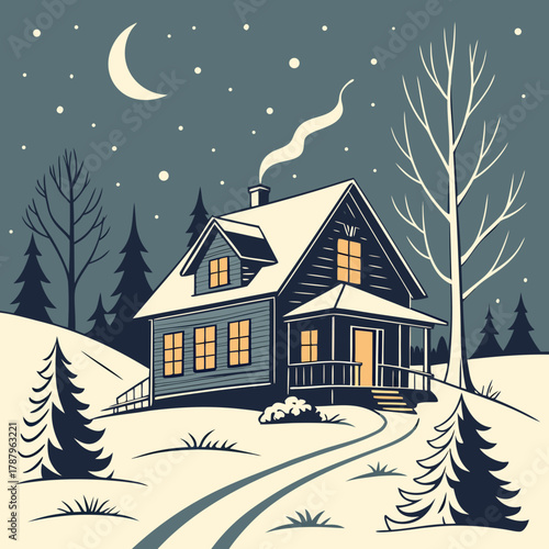 A cozy house on a snowy hill under a crescent moon on a winter night, surrounded by trees