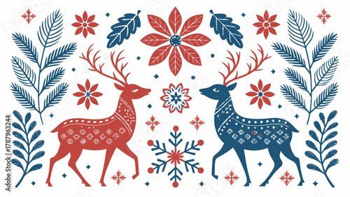 Festive holiday pattern featuring two deer poinsettias snowflakes and decorative foliage in red and blue silhouette