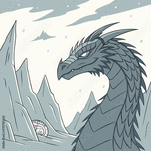 A formidable ice dragon surveys its frozen domain, with snowcapped mountains in the distance, exuding power and majesty