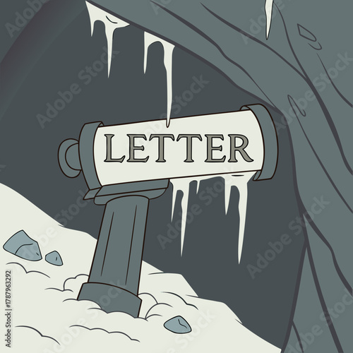 A letterbox covered in snow and icicles, placed inside of a cave during the winter season illustration