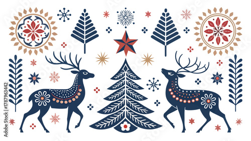 Festive christmas illustration with reindeer, christmas tree, snowflakes, and floral ornaments design silhouette