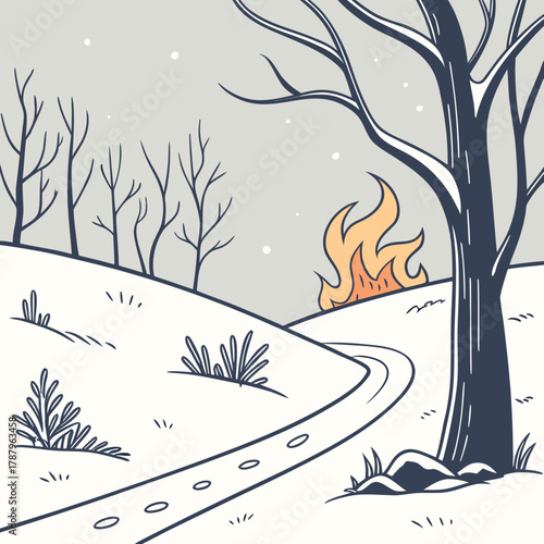 A snowy landscape with a path leading to a distant fire, showcasing the contrast between winter and warmth