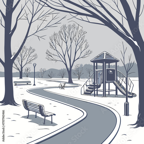 A snowy park scene with a playground, benches, trees, and a winding path on a winter day
