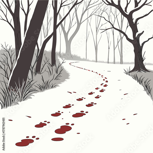 A snowy path with blood footprints leading through a forest in winter illustration